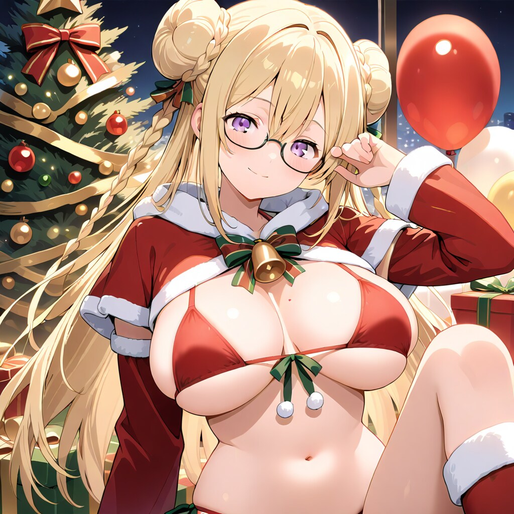 いっぱい風船を持つサンタ衣装着たブロンドお団子ヘアのメガネかけた美女