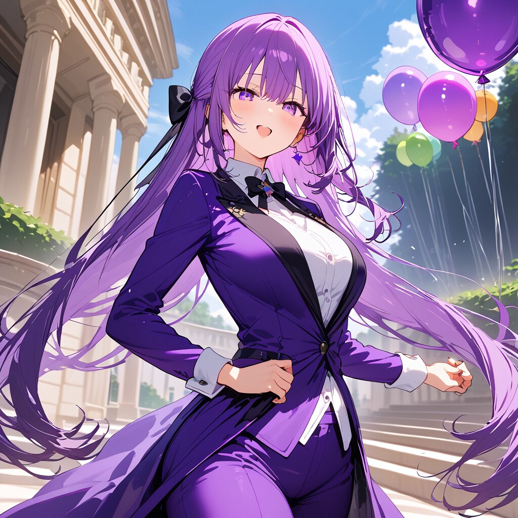 屋敷の庭でいっぱい風船を膨らませて遊ぶ紫髪ロングの美女。 | の人気AIイラスト・グラビア