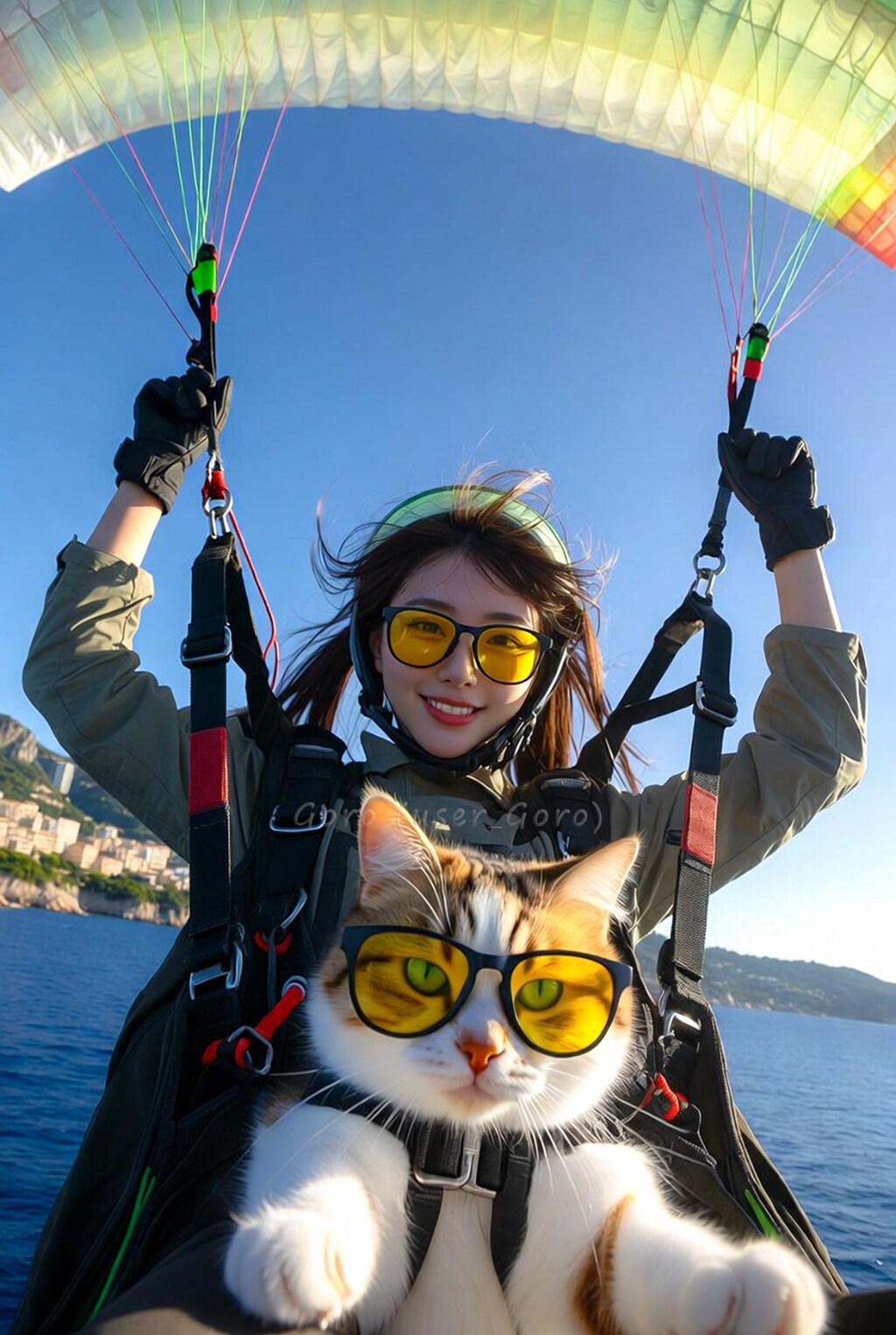 猫とモナコの海岸線を飛ぶ