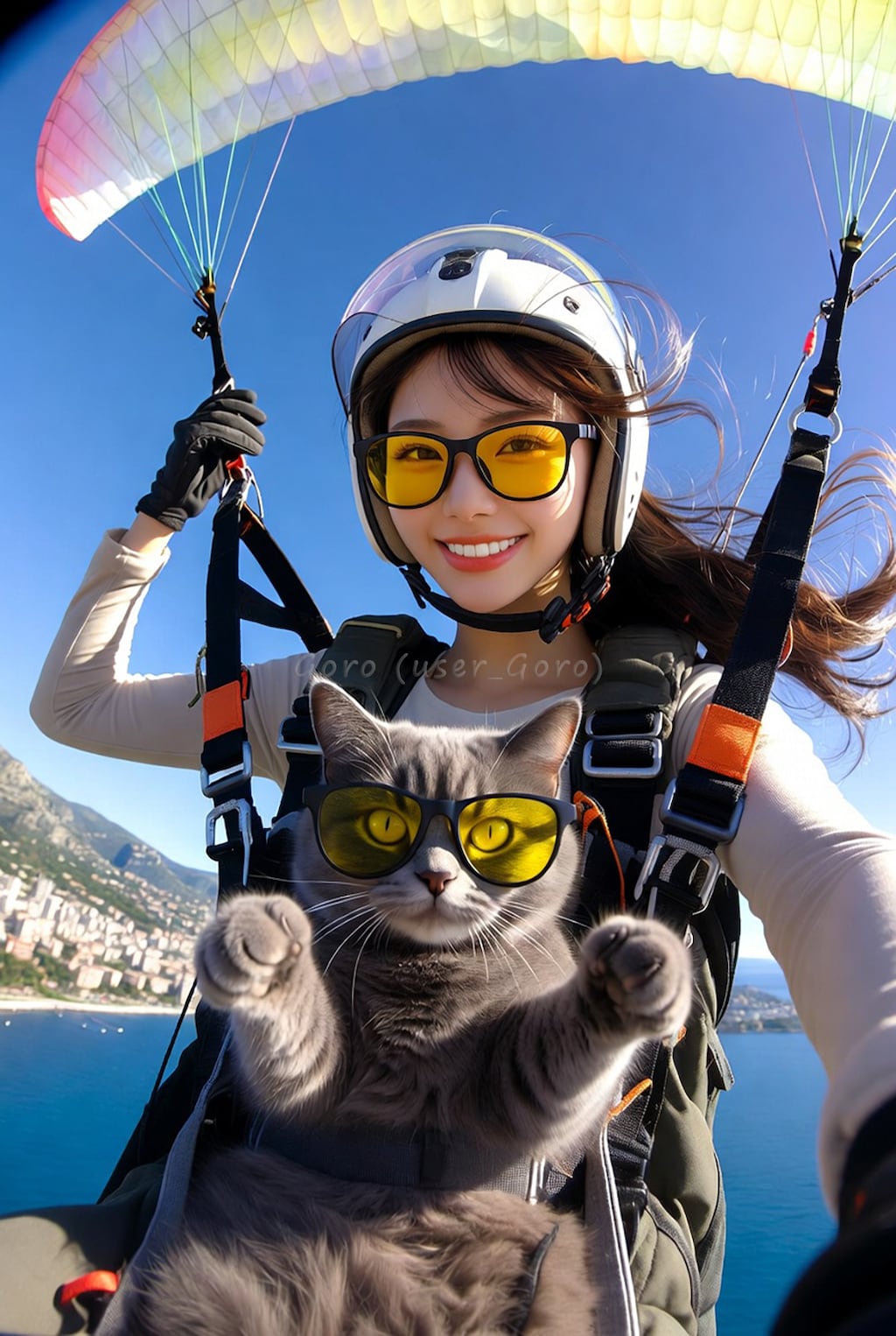 猫とモナコの海岸線を飛ぶ