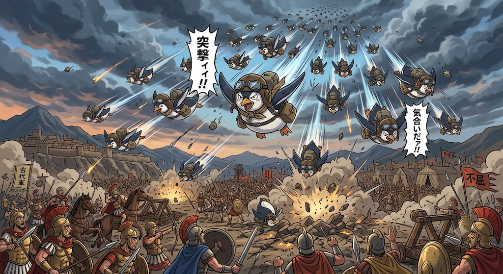 古代の軍隊vs気合い飛んでるペンギン軍