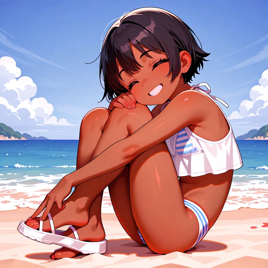 ビーチで笑うナツキ
