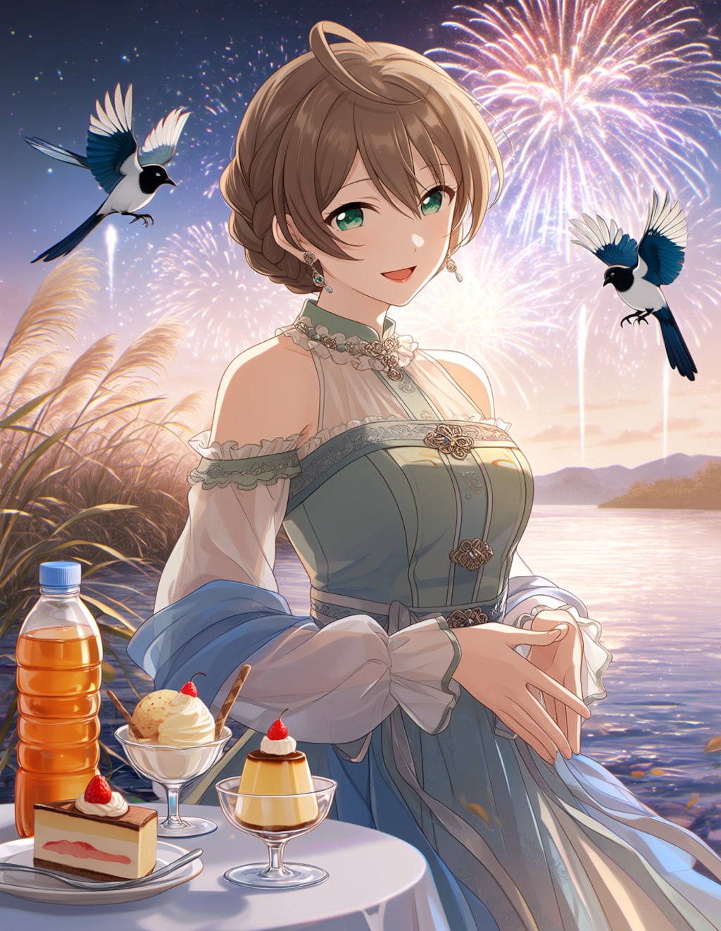 漢服の歌織さんと川辺の花火(ちちぷい&PixAI版改)