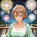 漢服の歌織さんと川辺の花火(ちちぷい&PixAI版改) 2枚目