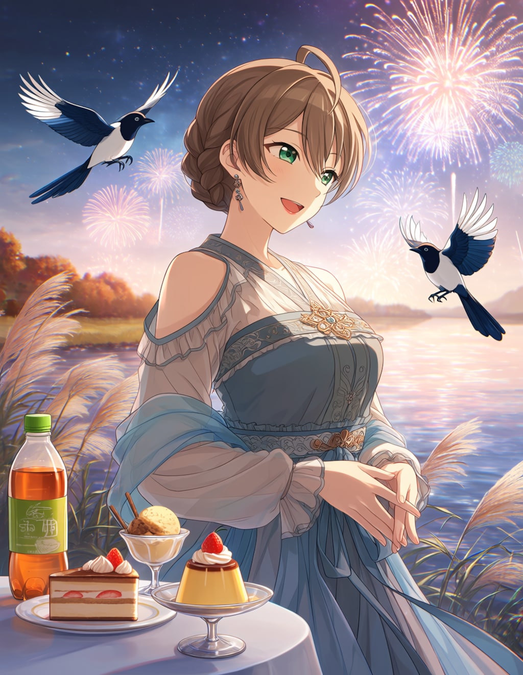 漢服の歌織さんと川辺の花火(ちちぷい&PixAI版改)