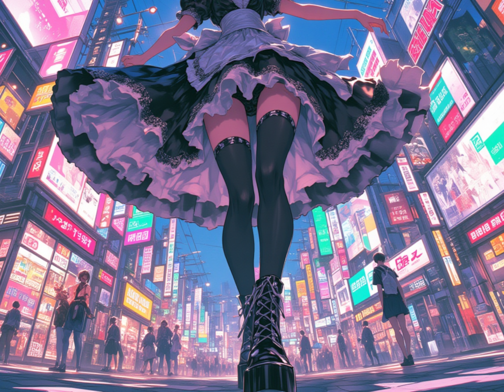 秋葉原の街角で舞うクラシカルメイドの優雅なスカート