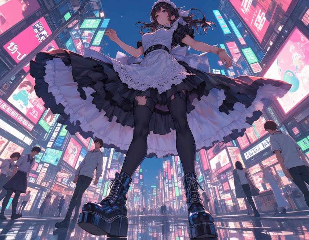 秋葉原の街角で舞うクラシカルメイドの優雅なスカート