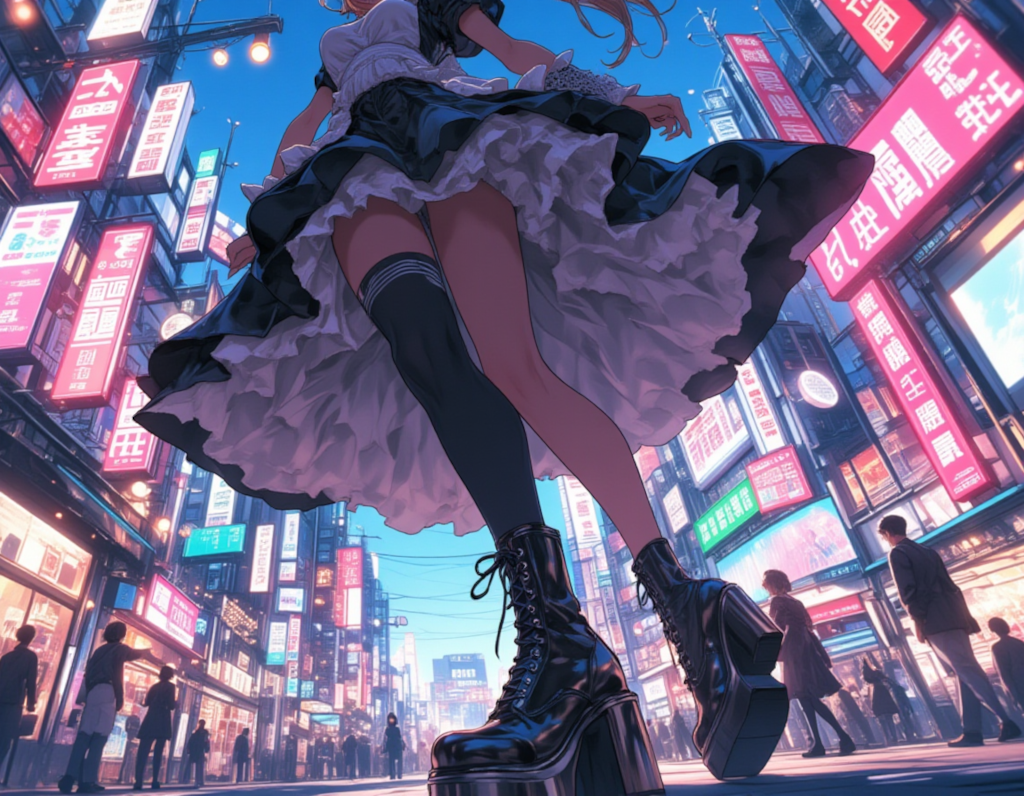 秋葉原の街角で舞うクラシカルメイドの優雅なスカート