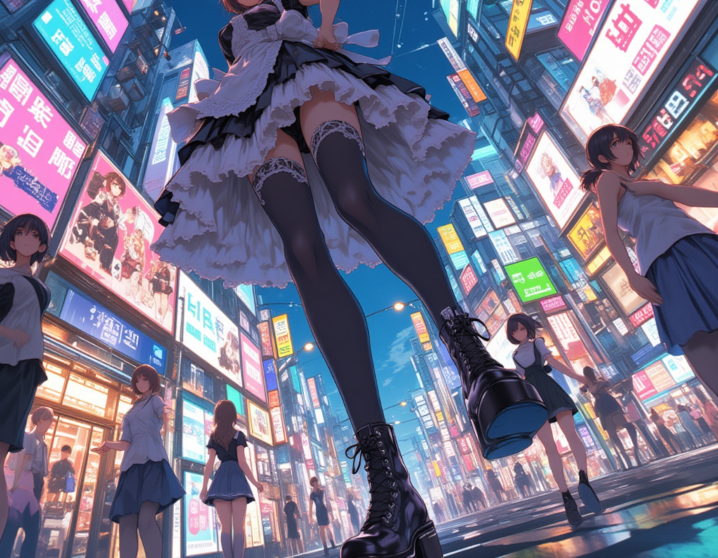 秋葉原の街角で舞うクラシカルメイドの優雅なスカート