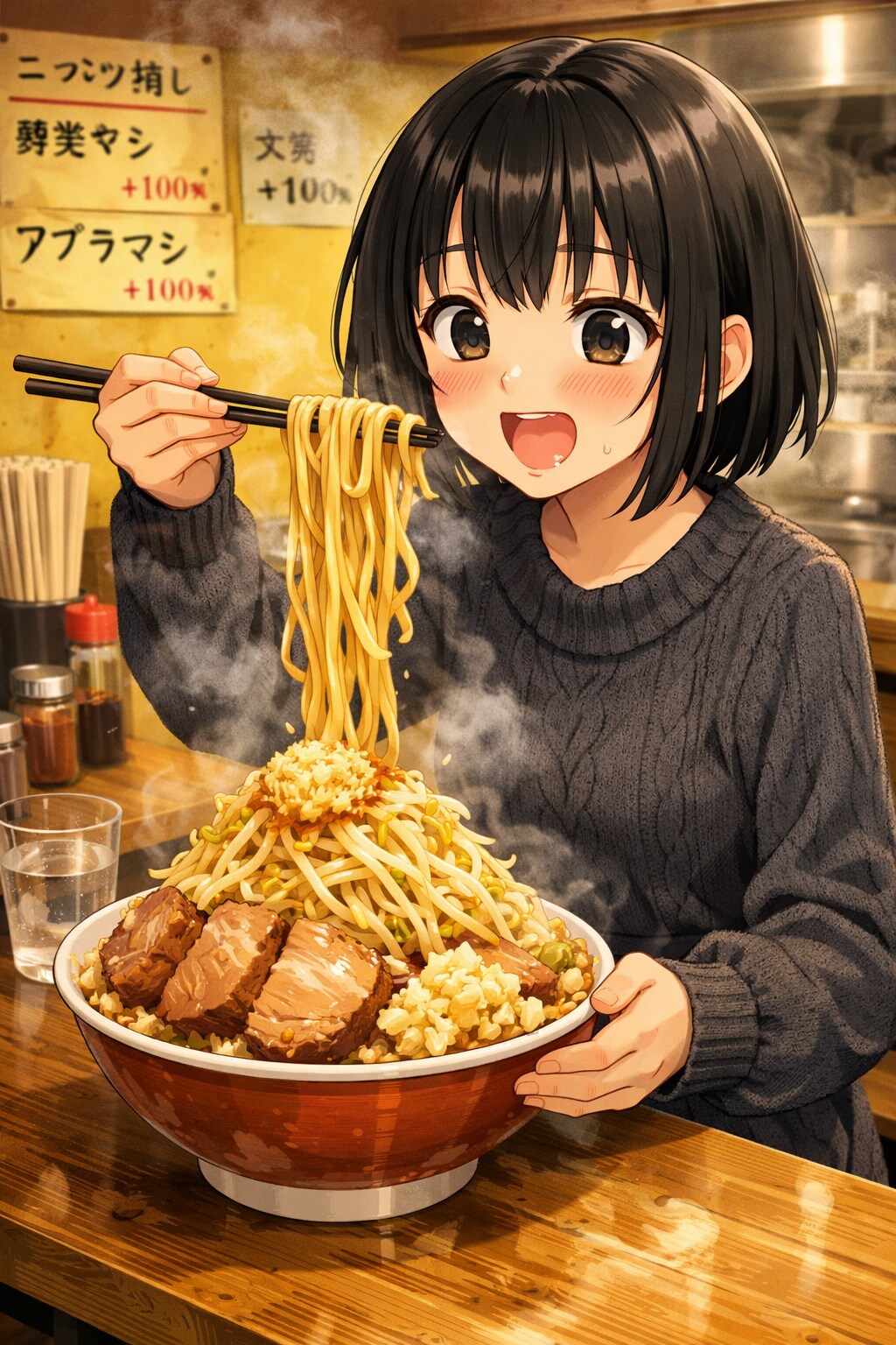 二郎系ラーメンを食べている女の子