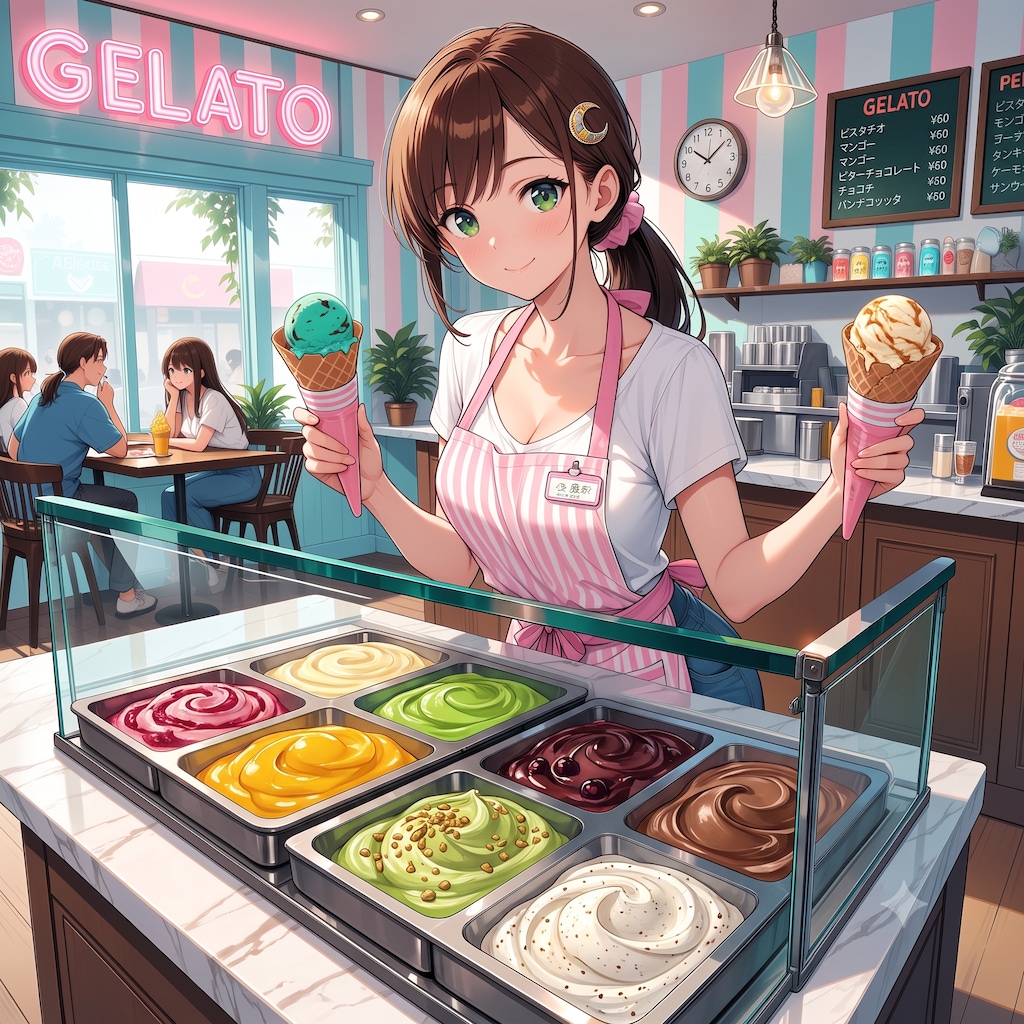 お兄ちゃん、ジェラート美味しそうでしょ！　どれにする？