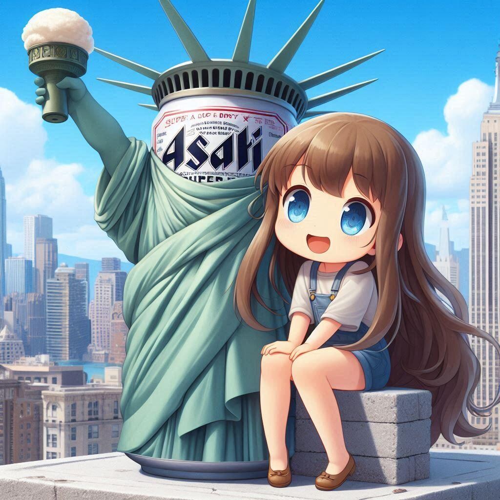 自由のビール像と少女
