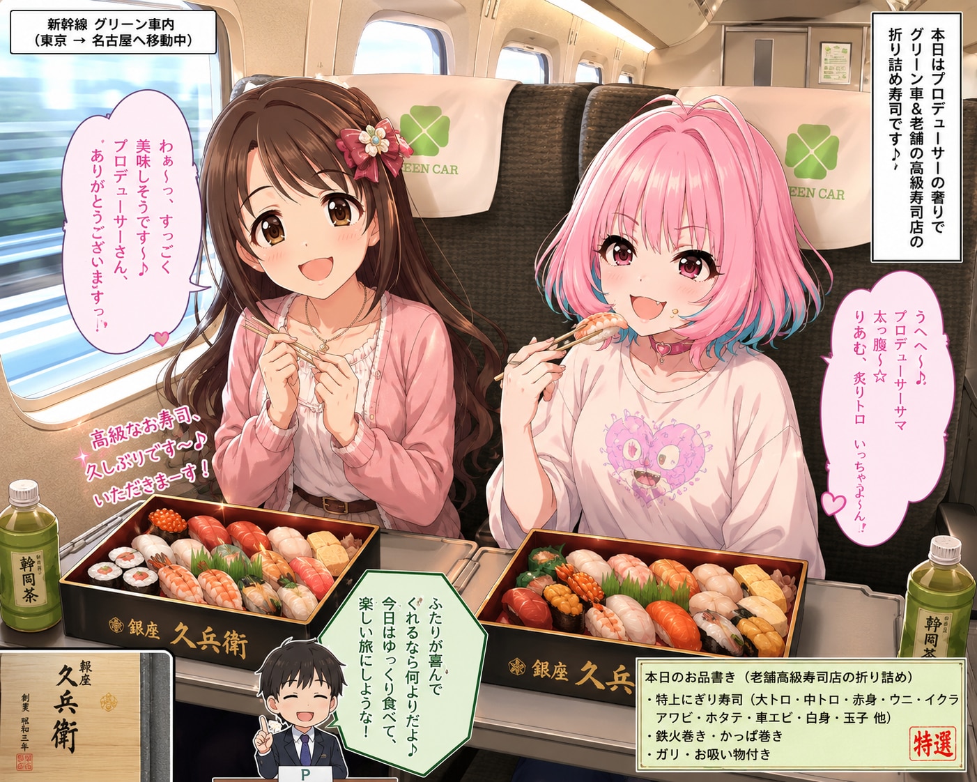 新幹線のグリーン車内で寿司の折り詰めを食べる島村卯月と夢見りあむ | の人気AIイラスト・グラビア
