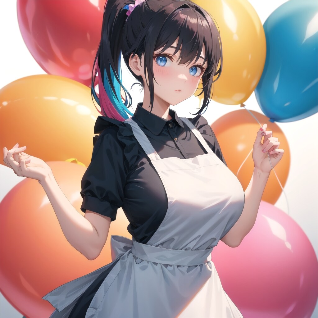 いっぱい色とりどりの巨大風船を持つエプロン付けた黒髪ポニーテールの美女 | の人気AIイラスト・グラビア
