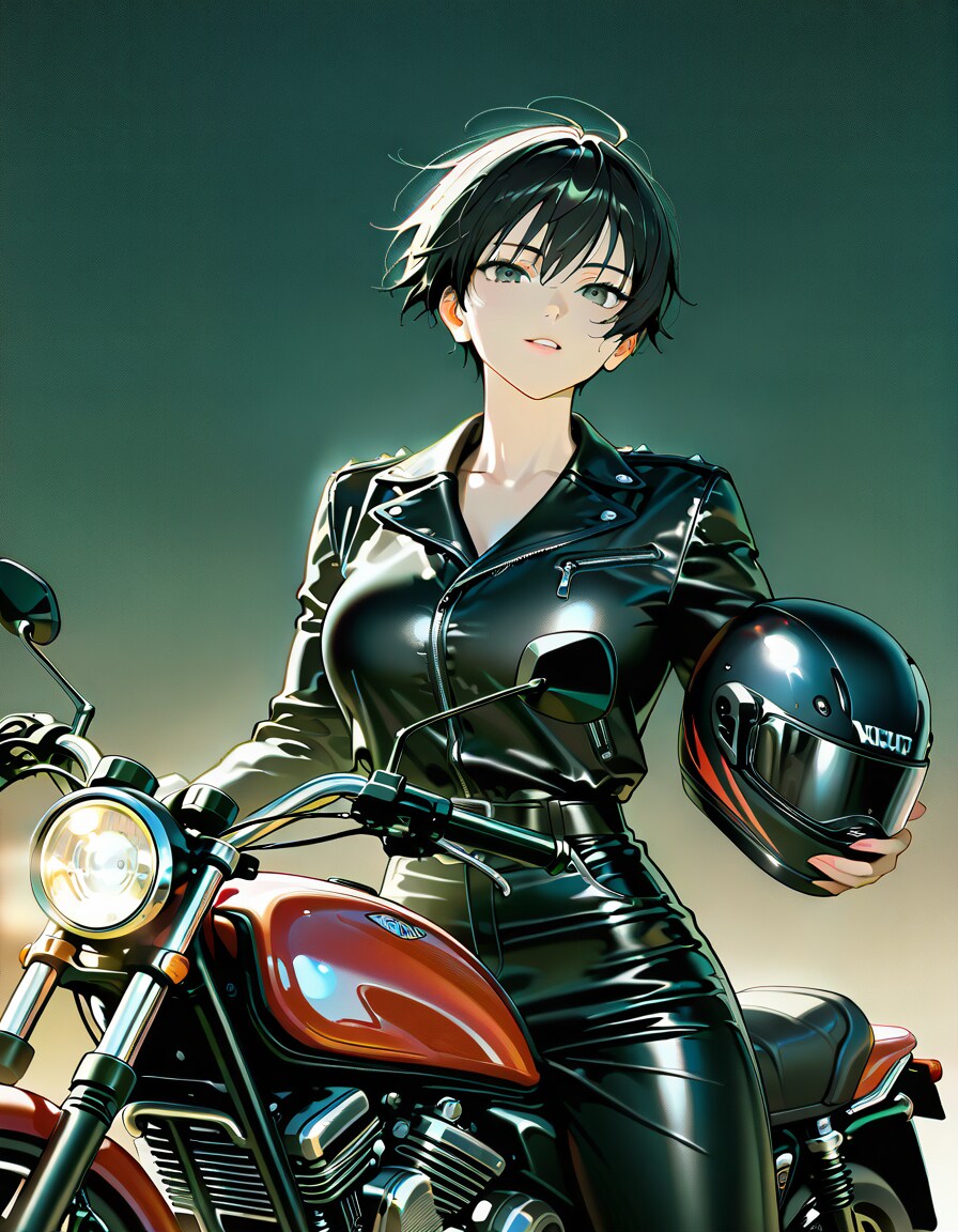 バイクに跨がるクール系彼女