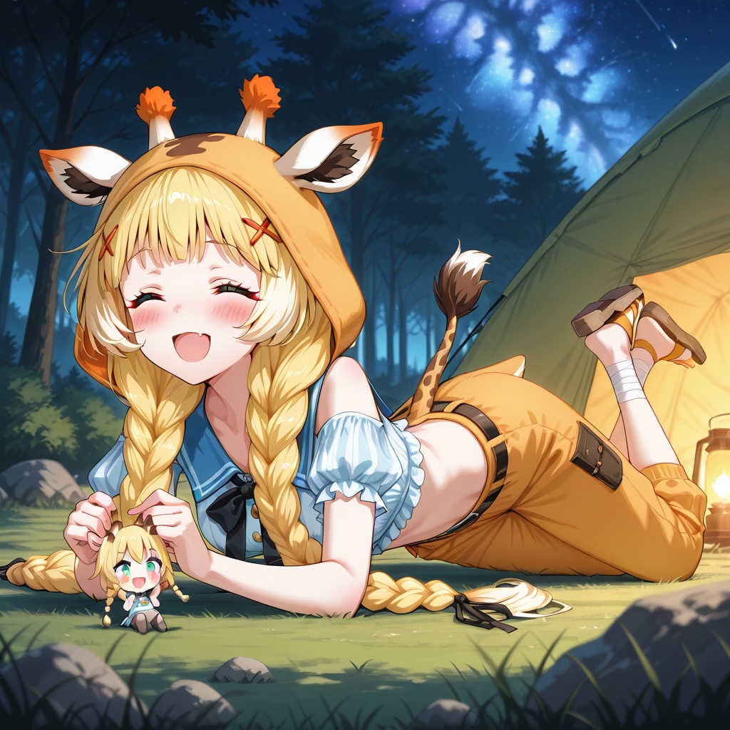 星空キャンプなキリンフーディーお姉さんとちびちゃん