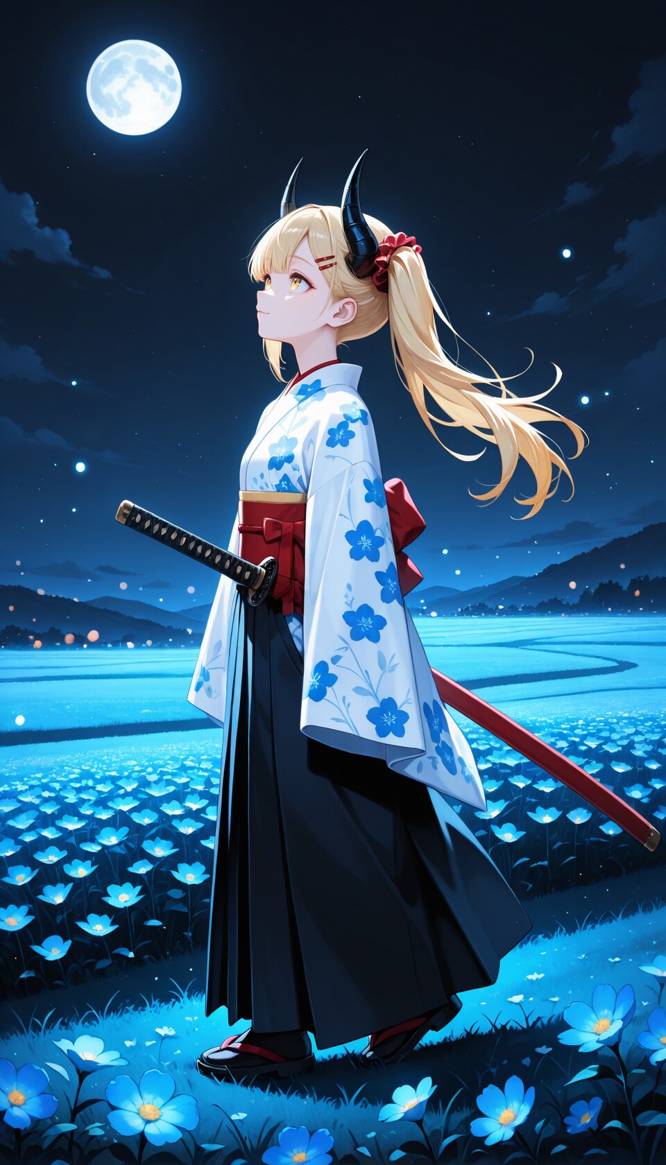 月夜の花畑を歩く女鬼高生さん