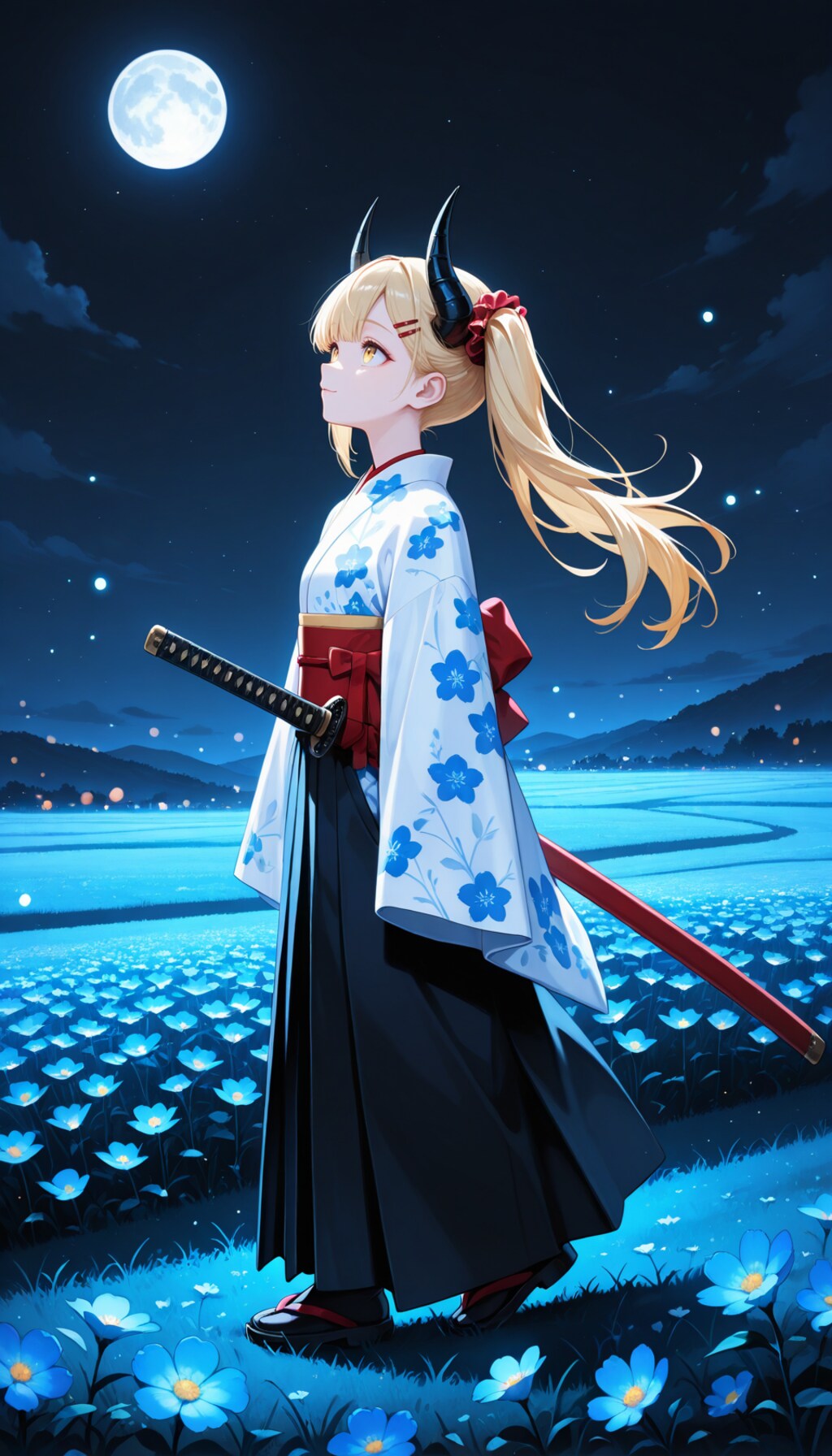 月夜の花畑を歩く女鬼高生さん