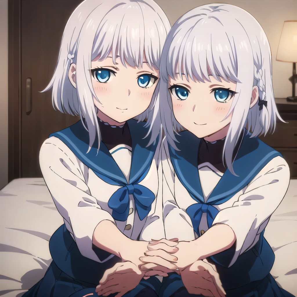 銀髪ボブで寝室の少女