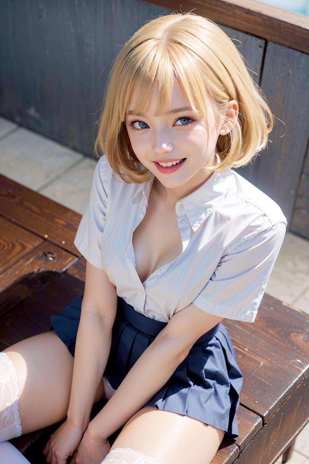 AIイラスト白ギャル貧乳ロリ顔　エロ画像　18歳女子校生海外コスプレイヤー「お父さん、ハグしてくれると、心が温かくなるんだ！」