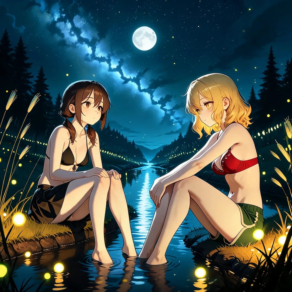 月と蛍の舞う川に
