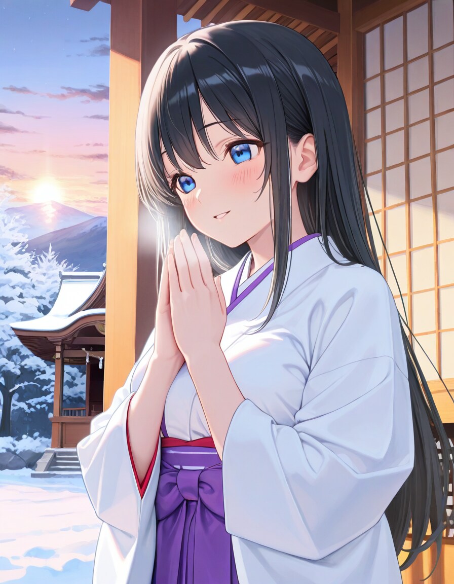 巫女衣装の葵さんと初日の出(PixAI版)