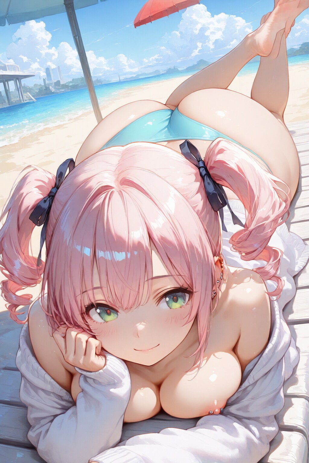 Elle, sur la plage au début de l'été. trois