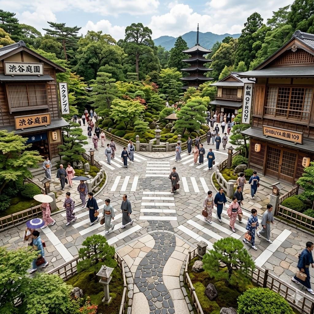 スクランブル交差日本庭園