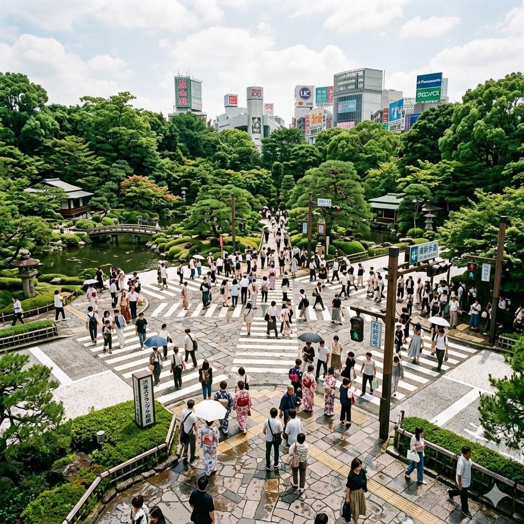 スクランブル交差日本庭園