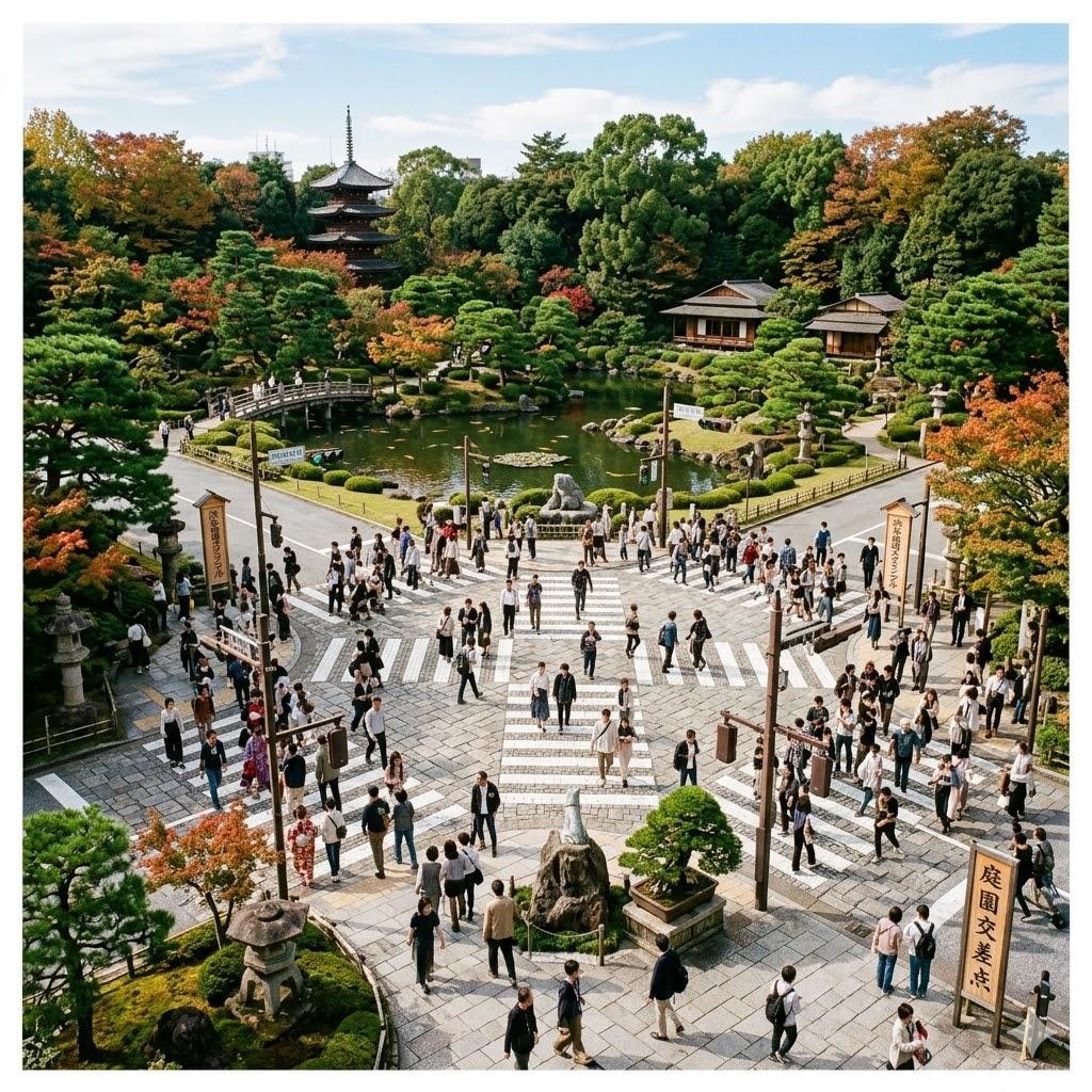 スクランブル交差日本庭園