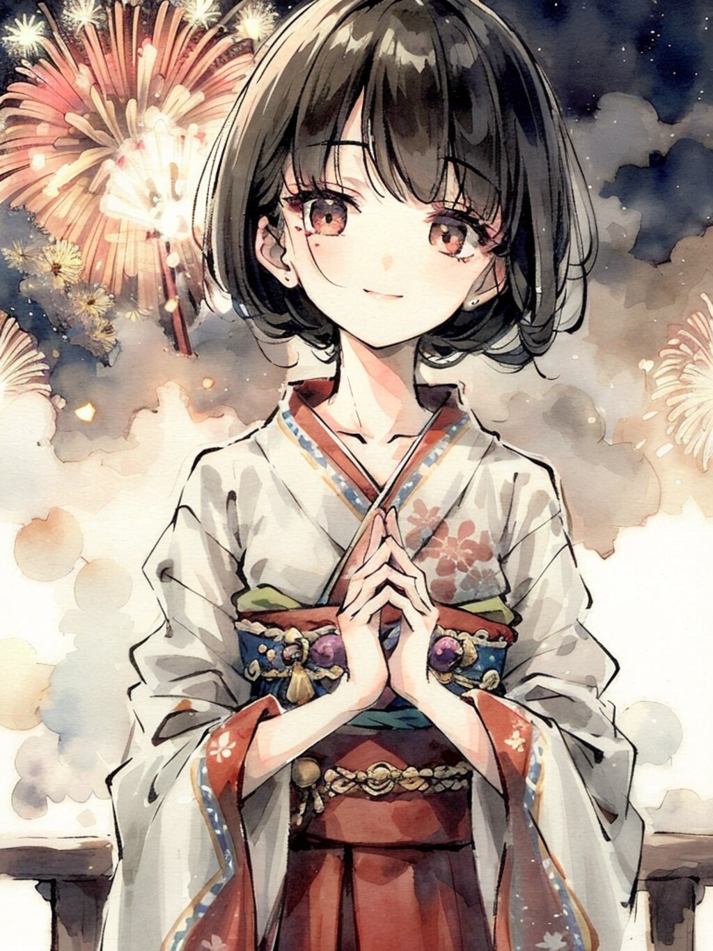 上がる花火と微笑む少女