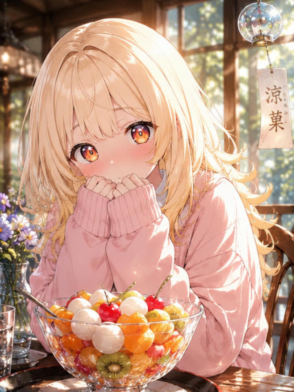 夏の午後、きらめくフルーツポンチと少女のひととき