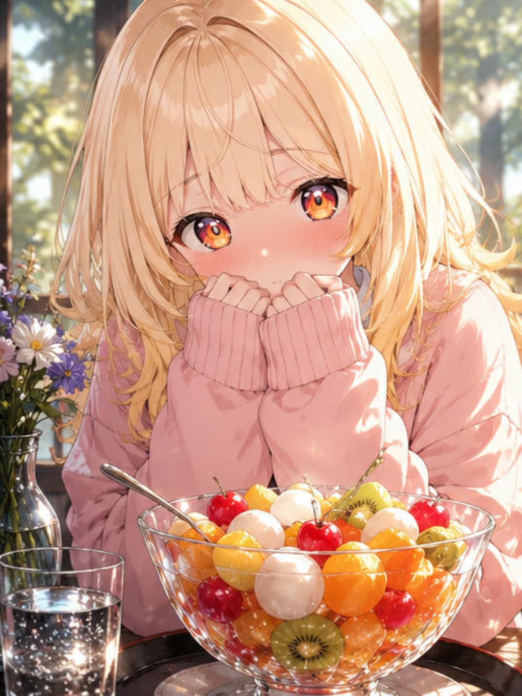 夏の午後、きらめくフルーツポンチと少女のひととき