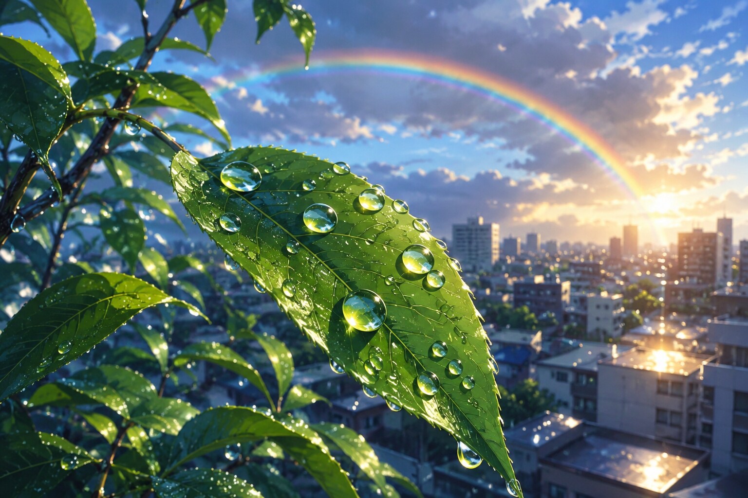 雨上がりの街と虹