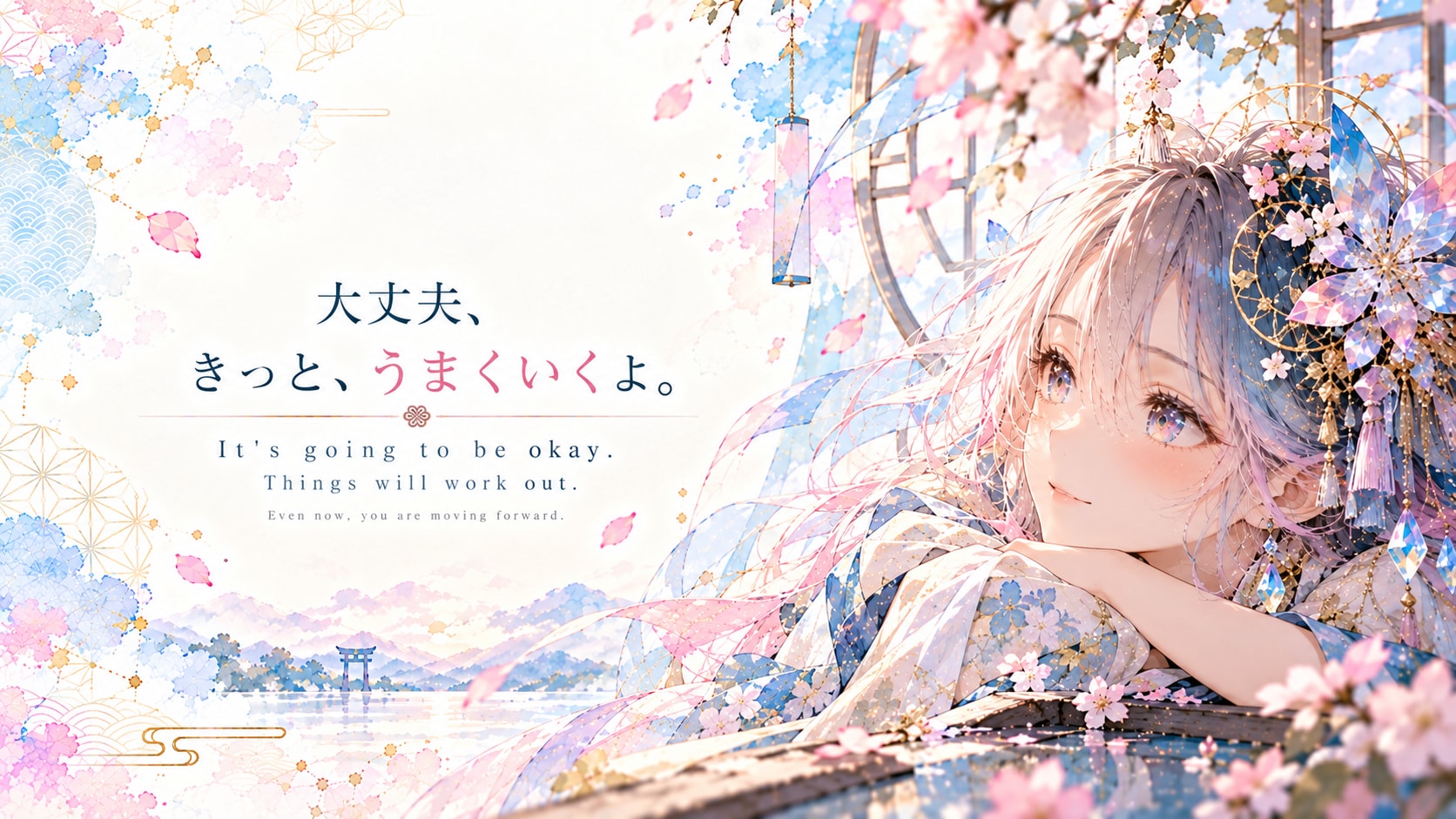 A soft smile resting beneath cherry blossoms, a quiet torii gate waiting across the water.  It's goi | の人気AIイラスト・グラビア