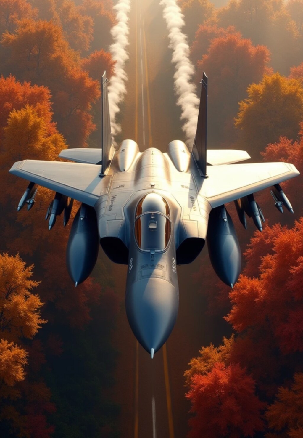 雪と紅葉の上空を飛ぶF15