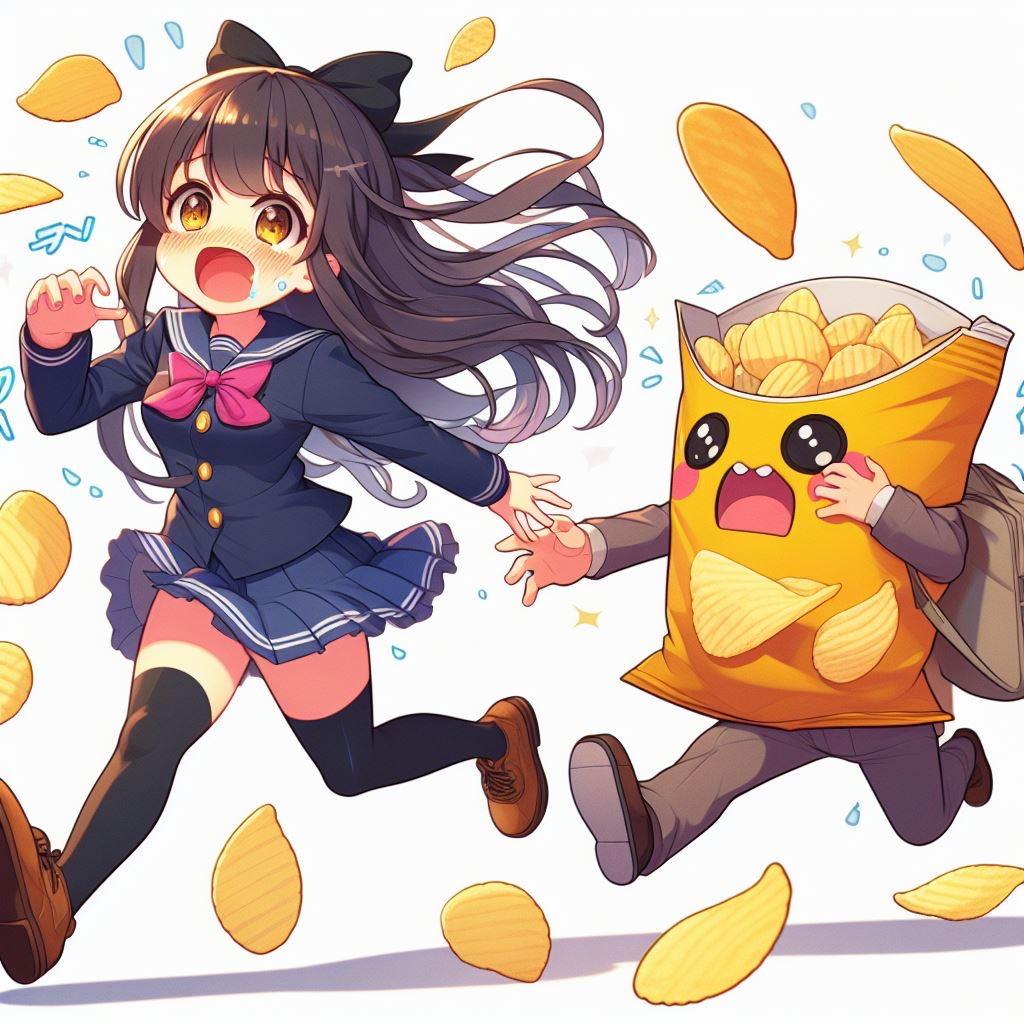【謎画像】ポテトチップスに追いかけられる女子高生