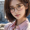 ピンクシャツのメガネ少女 4枚目