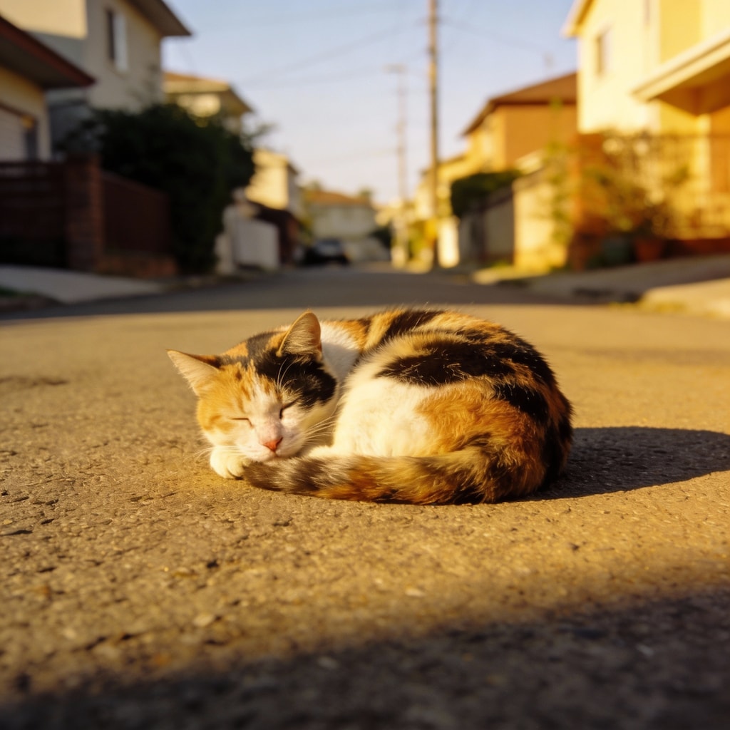 道路の真ん中でひなたぼっこ