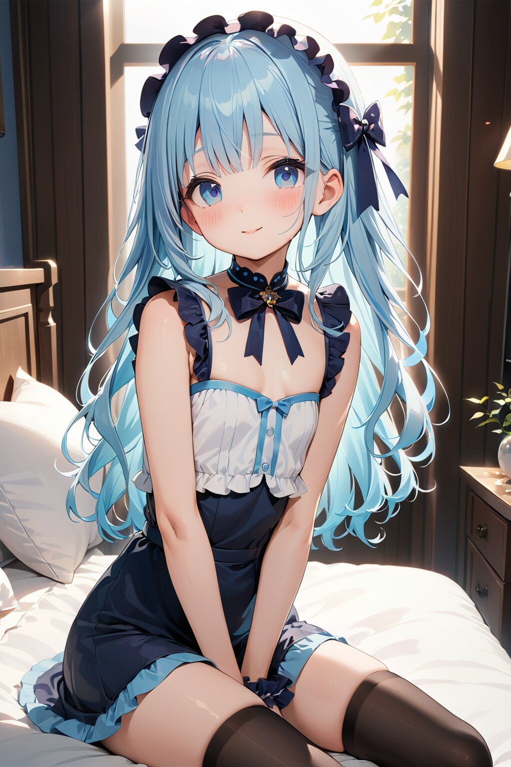 ベッドの上で微笑む