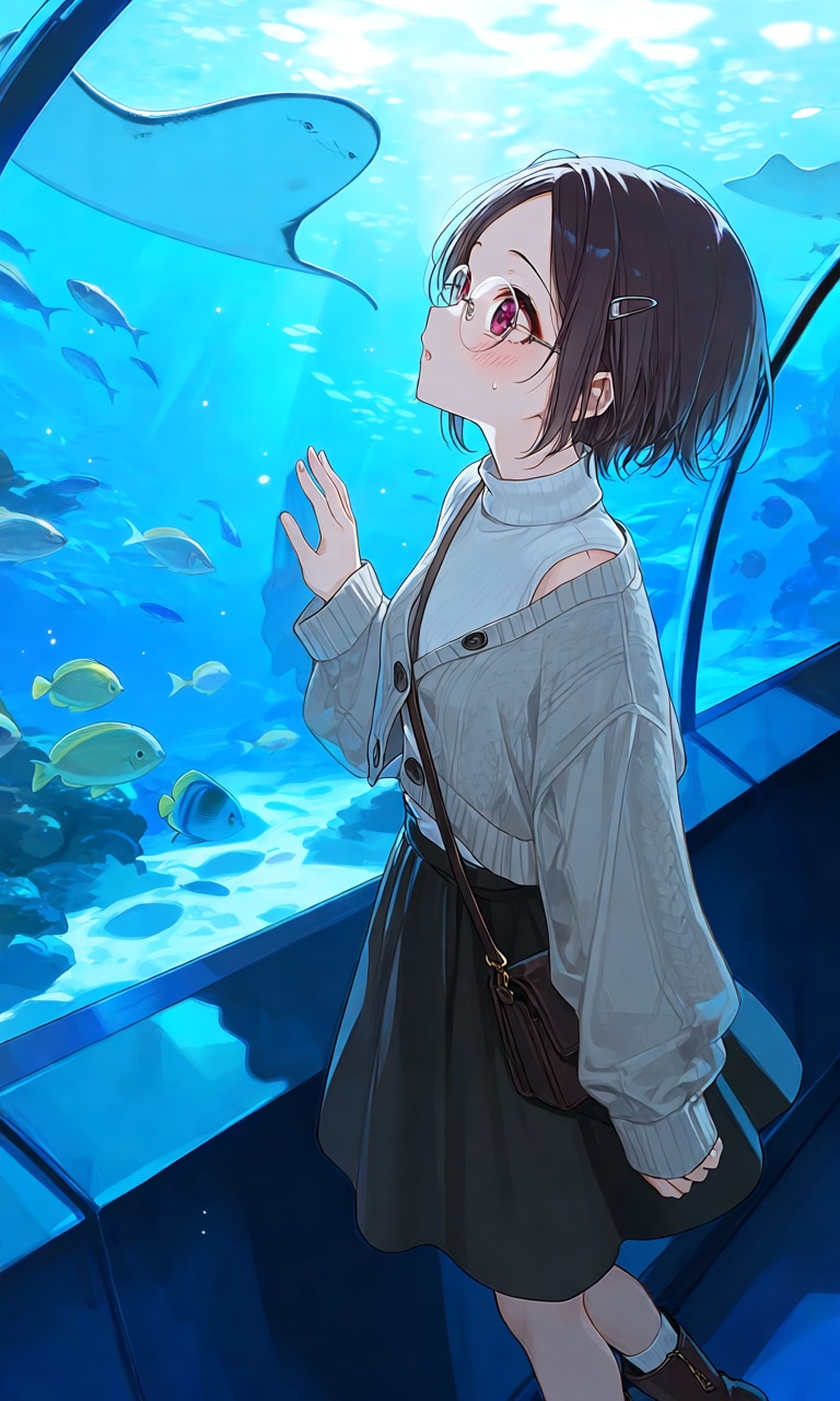 眼鏡っ娘と海岸の小さな水族館にて