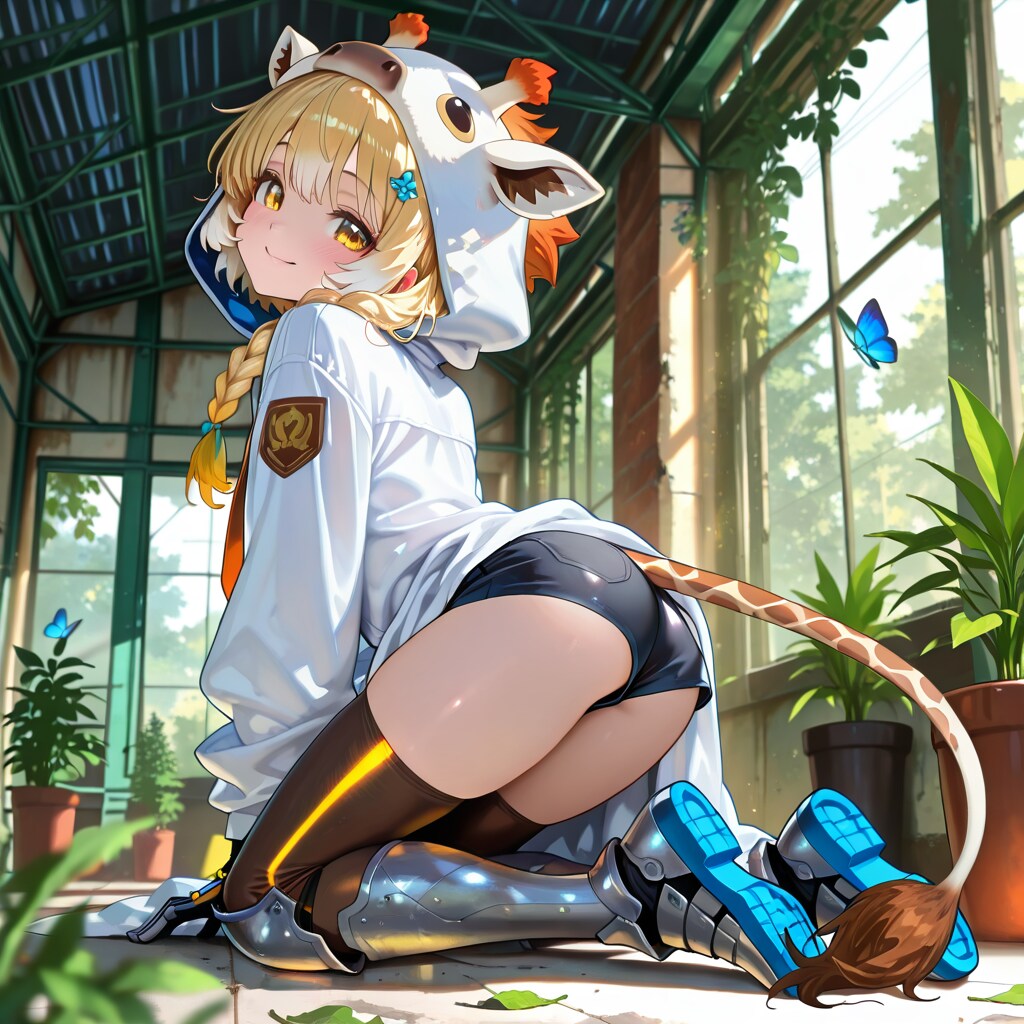 温室と植物と蝶々とキリンフーディーお姉さん