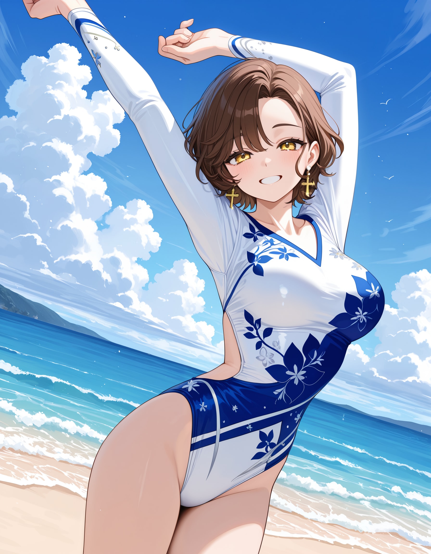 浜辺でストレッチ