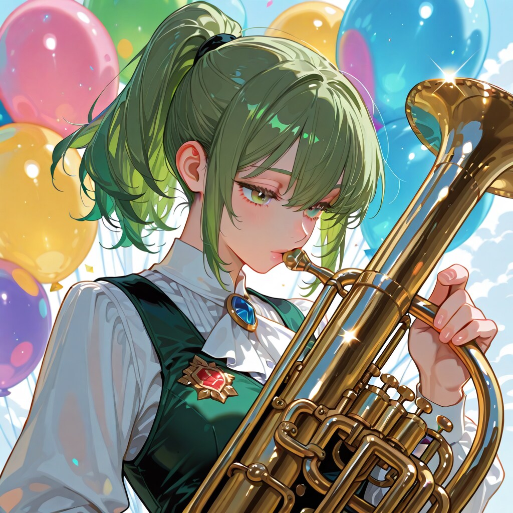 いっぱい色とりどりの風船を持つ緑髪ポニーテールの吹奏楽部の美女