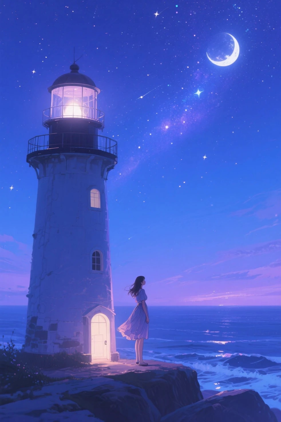 灯台と三日月の夜、心が洗われる🌌 | の人気AIイラスト・グラビア