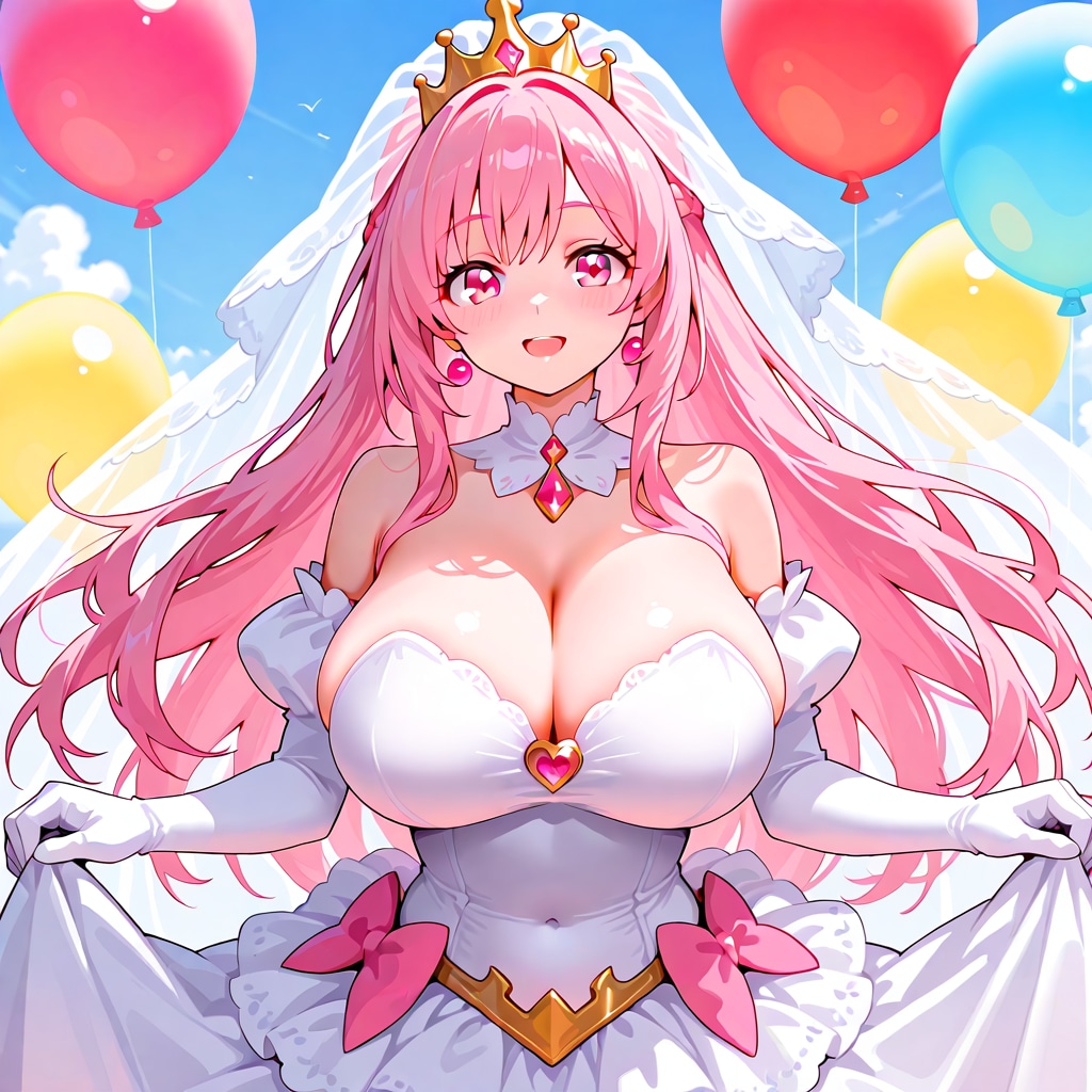 いっぱい色とりどりの風船を持つピンク髪のお姫様