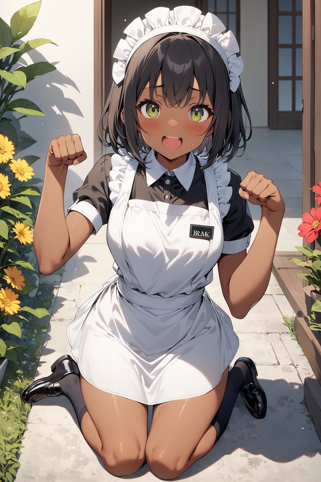 お庭でにゃんこポーズのウェイトレスさんX704