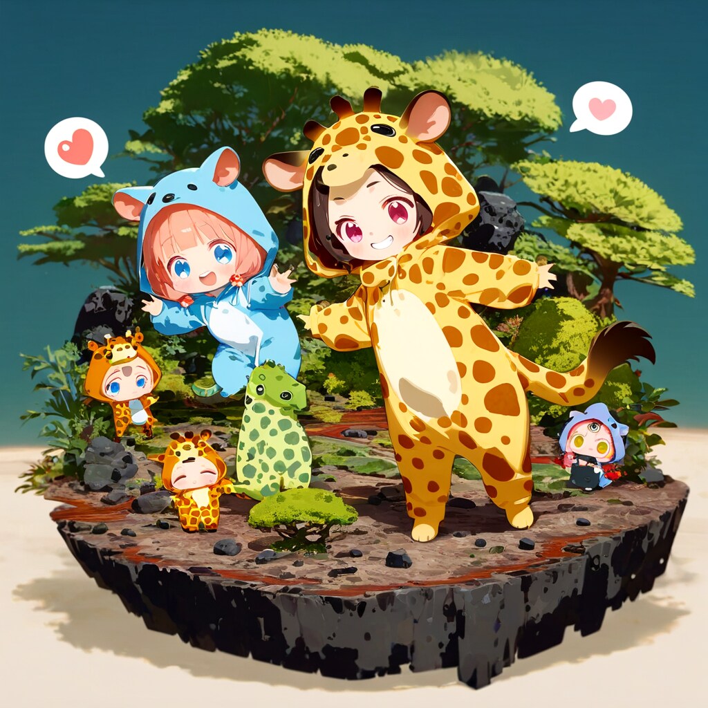 溶岩が冷え固まった大地に緑が再生する風景とキリン着ぐるみちび子ちゃん | の人気AIイラスト・グラビア