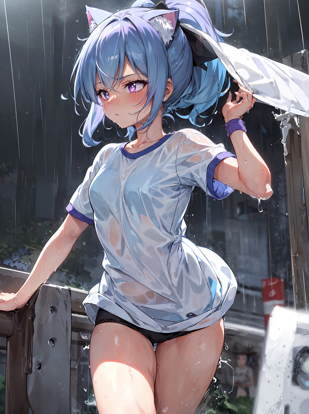 突然の雨に濡れる体操服