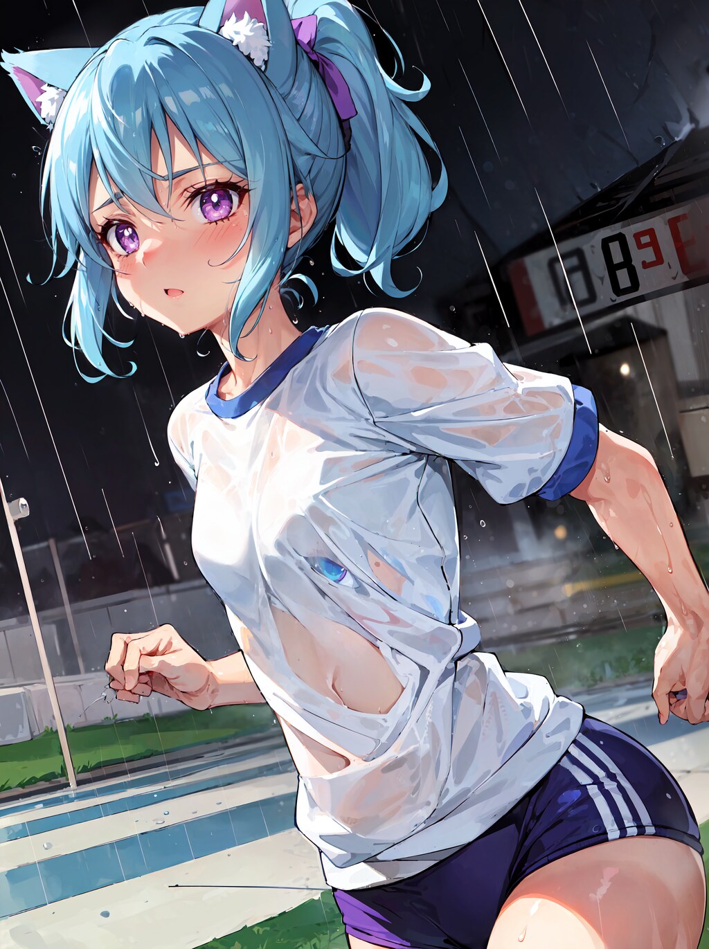 突然の雨に濡れる体操服